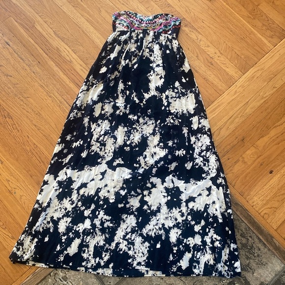 Billabong Designer Closet Strapless Ivory Black Tie Dye Embroidered Maxi Dress S - Picture 1 of 11